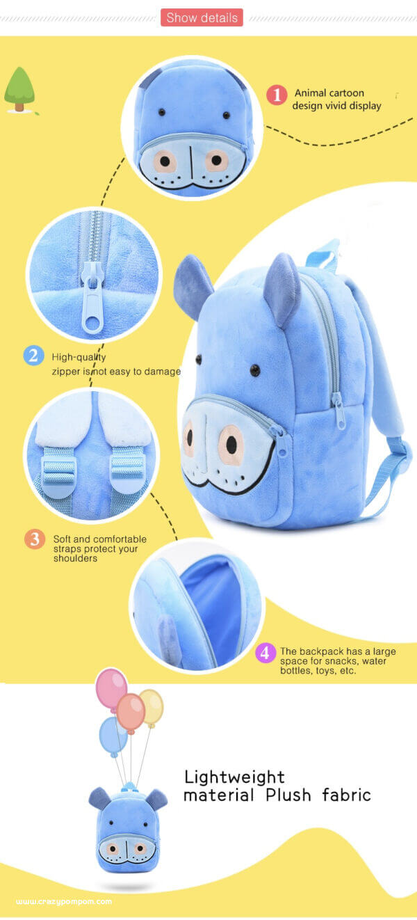 Hippo Plush Toddler Backpack for Kids 6